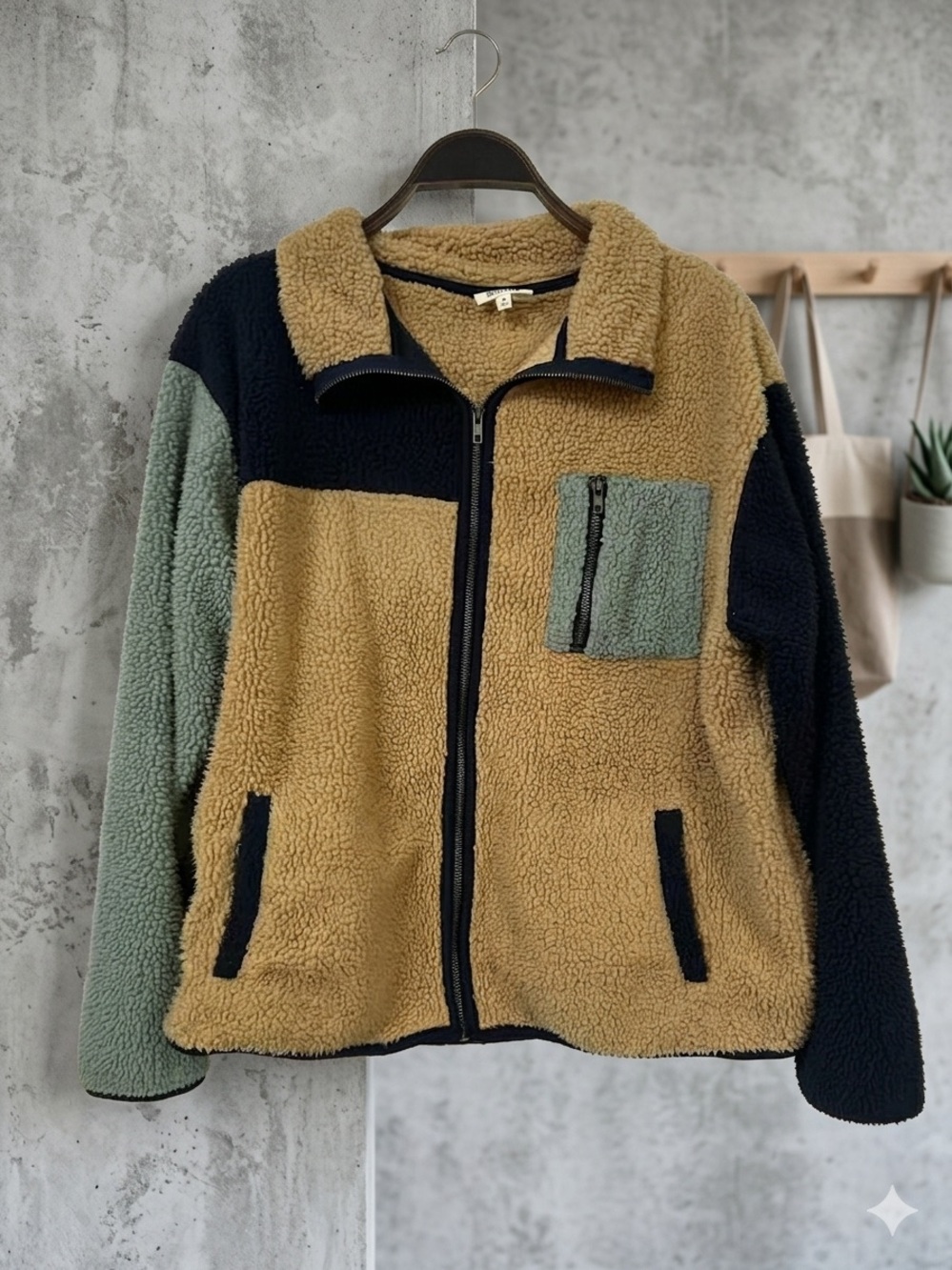 BKE Colorblock Teddy Sherpa Jacket - Tan, Sage & Black